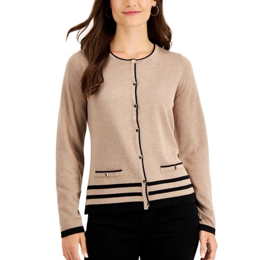 Taupe Cardigan with Black Stripes